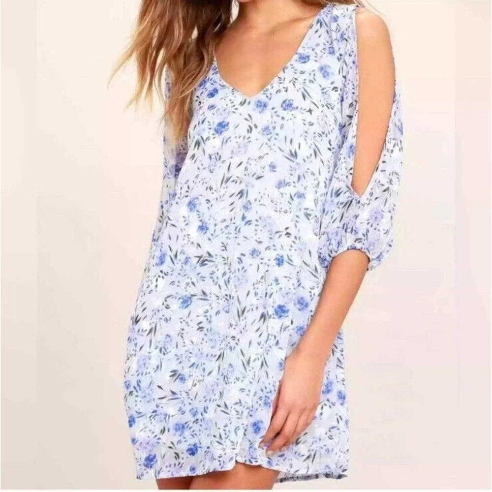 Lulus Tunic Dress Size S Blue Floral Slit Long Sleeves Chiffon Mini Office Party - Picture 2 of 14